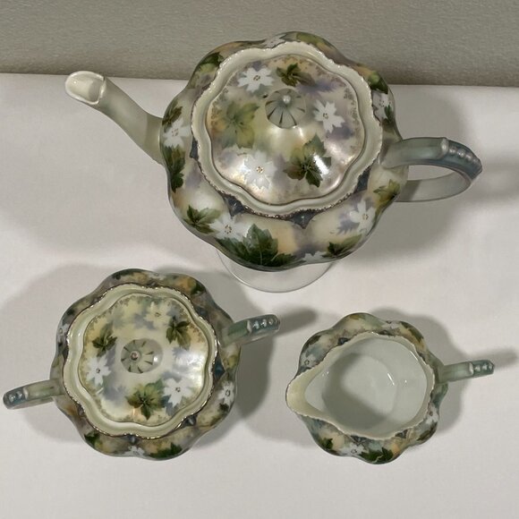 RS PRUSSIA Genuine Vintage Tea Set of 3, Ivory/Green/Gold/Rose Ivy & Floral - Picture 5 of 16